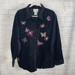 Quaker Factory Black Velvet Button Up Shirt Womens Size 1X Embroidered Butterfly